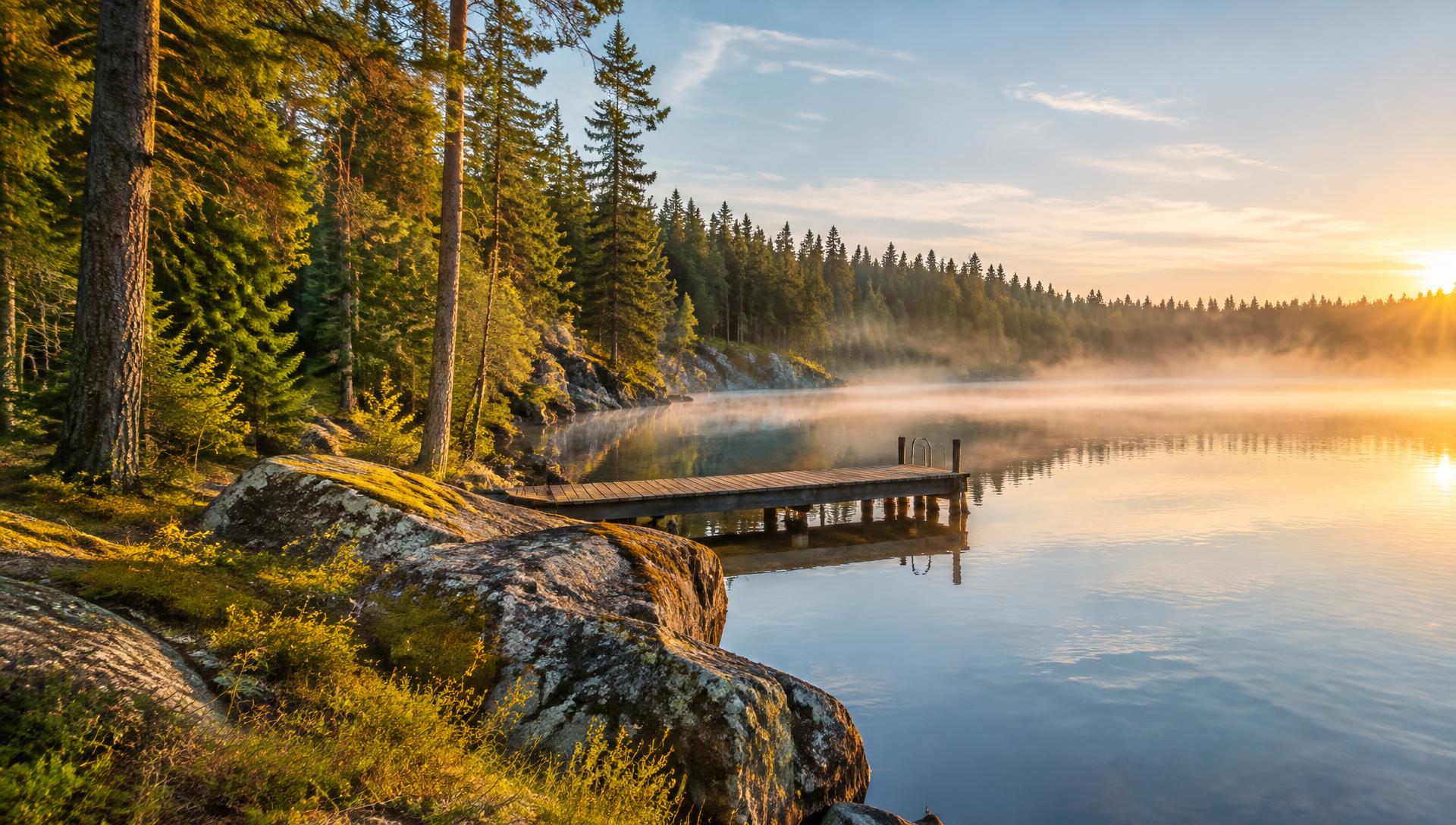 Skogssjö med brygga i morgonljus